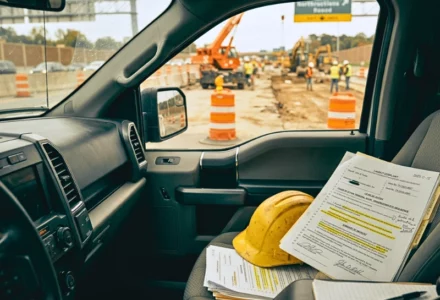 Hard hat and construction documents on a truck seat.