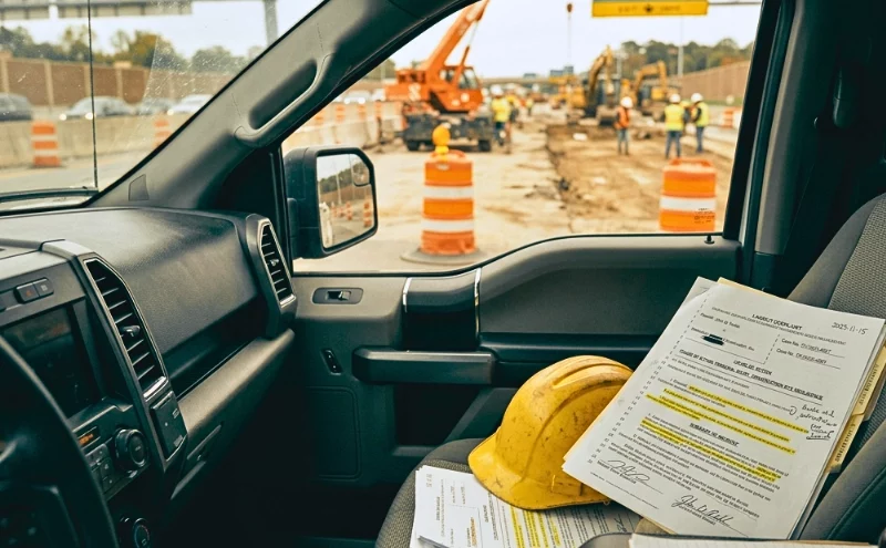 M Illinois Crash Settlement: When Road Construction Companies Can Be Held Liable 1 Hard hat and construction documents on a truck seat.