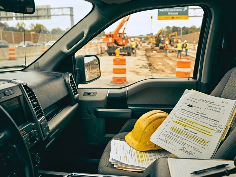 Hard hat and construction documents on a truck seat.