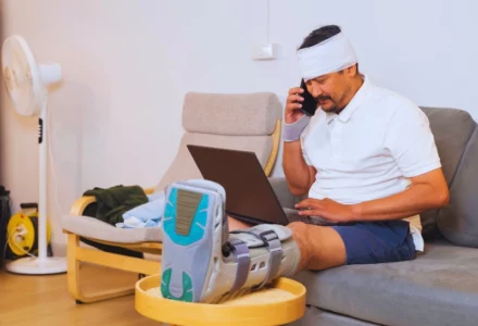 Injured man with bandages and boot working from home. insurance company downplays your injuries after a car accident insurance company downplays your injuries after a car accident, downplays car accident injuries, minimizes your injuries