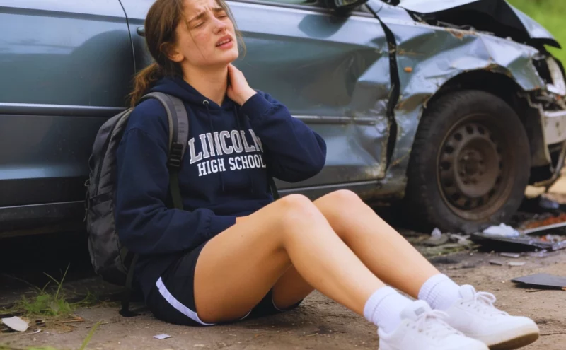 Injured high school student holding neck beside crashed car.