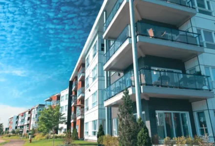 Modern apartment building with balconies under a blue sky. injury at an Illinois apartment complex