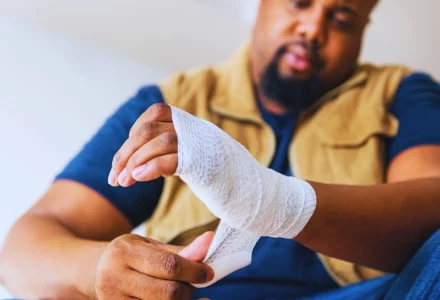 A man wrapping a white medical gauze bandage around his injured wrist. faking a work injury