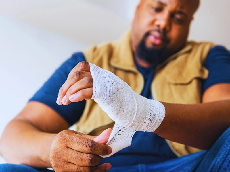 A man wrapping a white medical gauze bandage around his injured wrist. faking a work injury