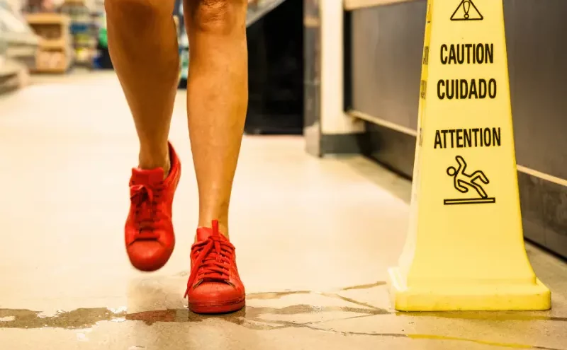 Woman in red sneakers walking near a wet floor sign. slip and fall accidents at Illinois retail stores