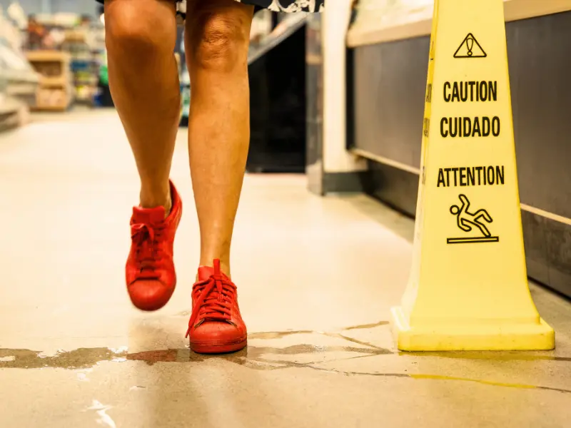 Woman in red sneakers walking near a wet floor sign. slip and fall accidents at Illinois retail stores