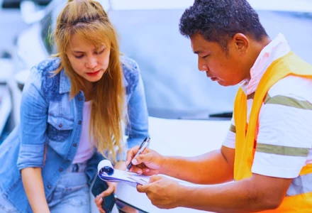 Man in safety vest writing on clipboard next to woman.