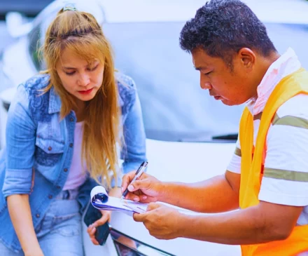 Man in safety vest writing on clipboard next to woman.