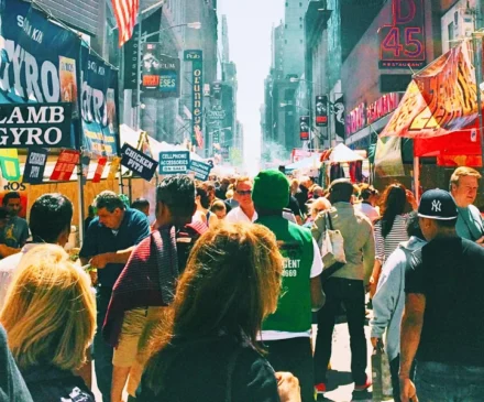 Crowded street market in the city with food vendors. after an accident at a Naperville festival