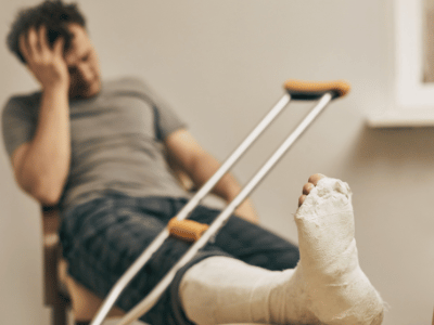A dejected man sitting with a cast on his foot and a crutch. pre-existing condition